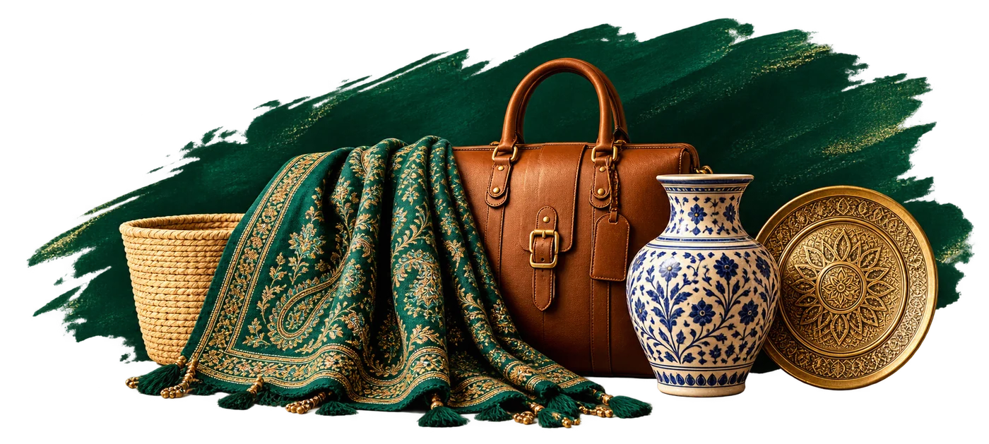 Pakistani handicrafts: a woven basket, embroidered shawl, leather bag, blue pottery and brass plate