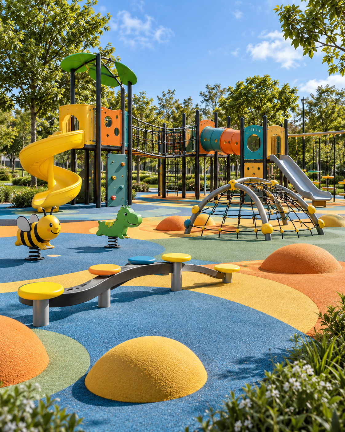 Kids fun area with slides, a play tower and a ball pit