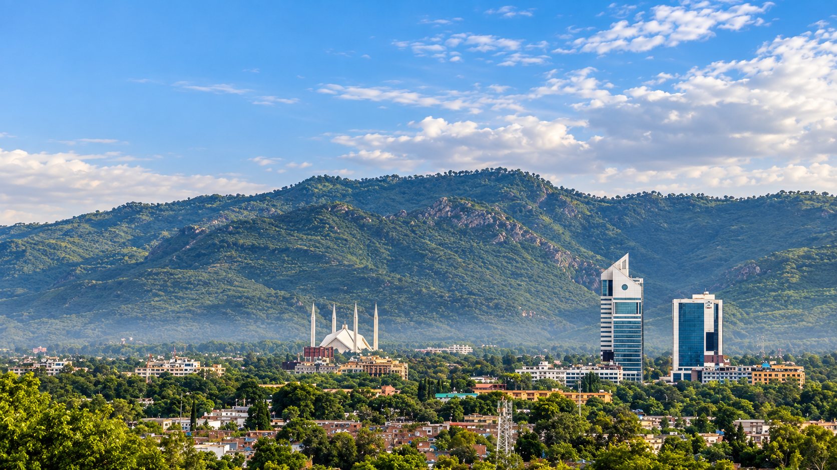 Islamabad beneath the Margalla Hills, with the Faisal Mosque